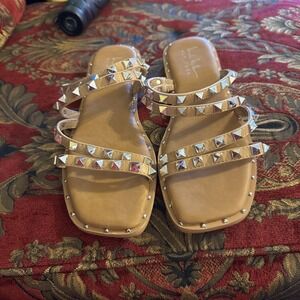 New~NICOLE MILLER Women's Studded Flat Slide On Sandals Brown  6.5